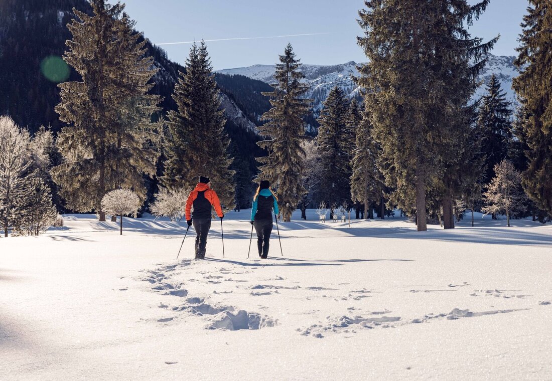 Zwei Schneeschuhwanderer am Waldrand